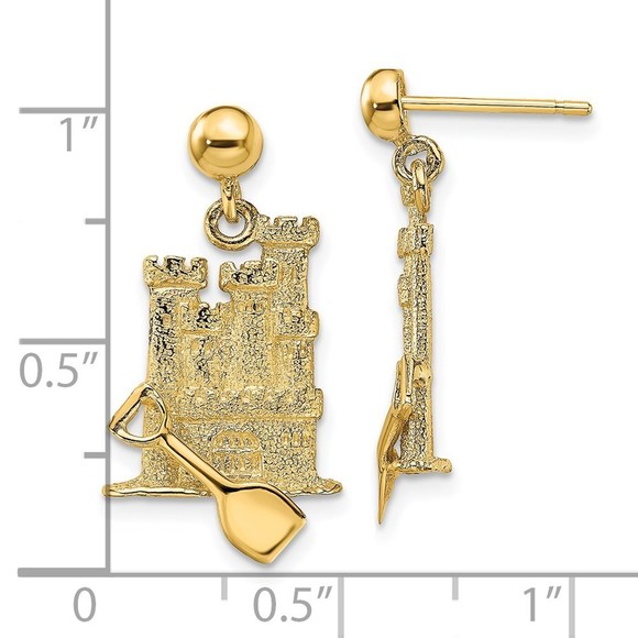 14k Yellow Gold Travel 3-D w/ Shovel Sand Castle Dangle Earrings